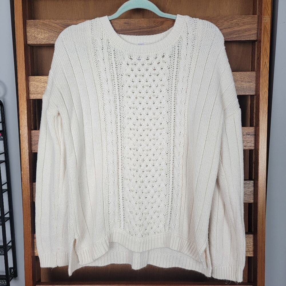 Alya Ivory Cable Knit Crewneck Sweater, Sz M